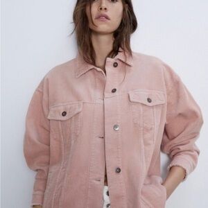Zara Light Pink Utility Jacket/Shacket, corduroy, frayed bottom, Size Large